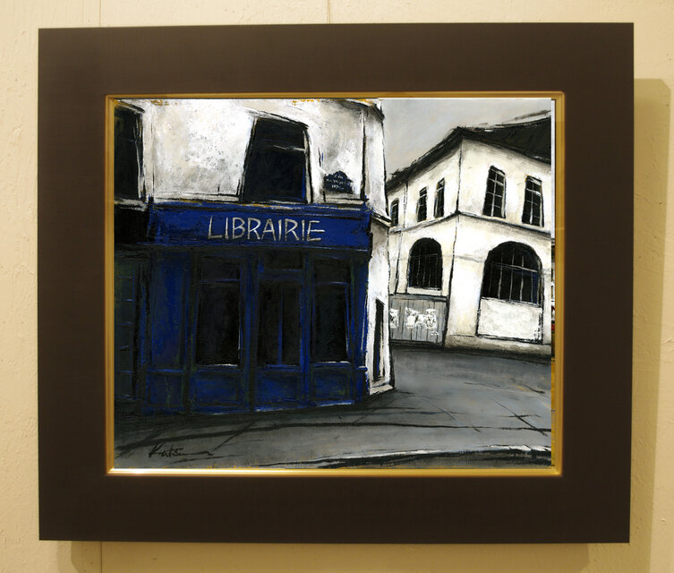 風景画 パリ 油絵「街角の青い本屋」 | iichi 日々の暮らしを心地よく