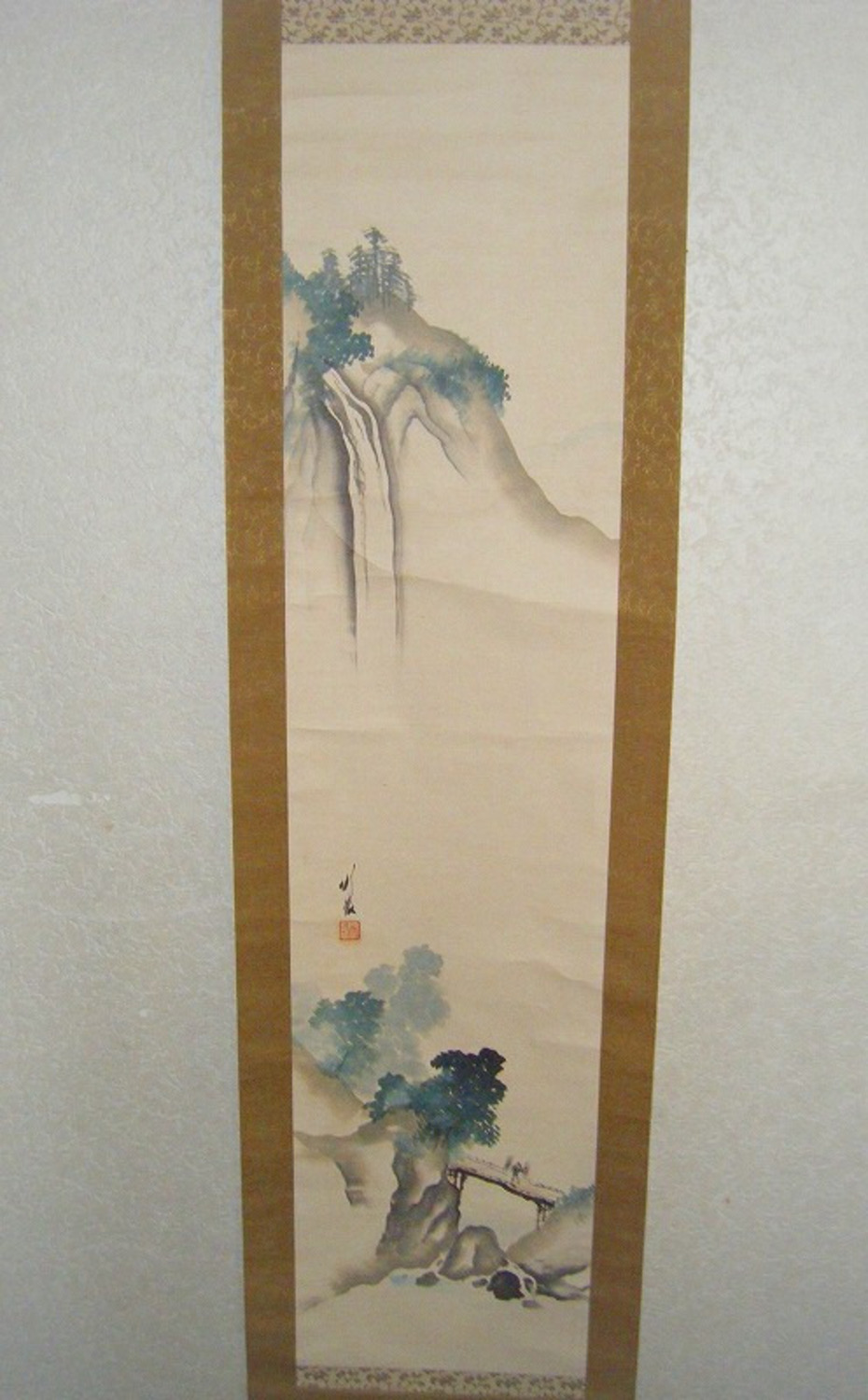 明治 大正 浮世絵 彩色 肉筆 掛け軸「尾竹竹坡 青山懸瀑」箱付き 共箱